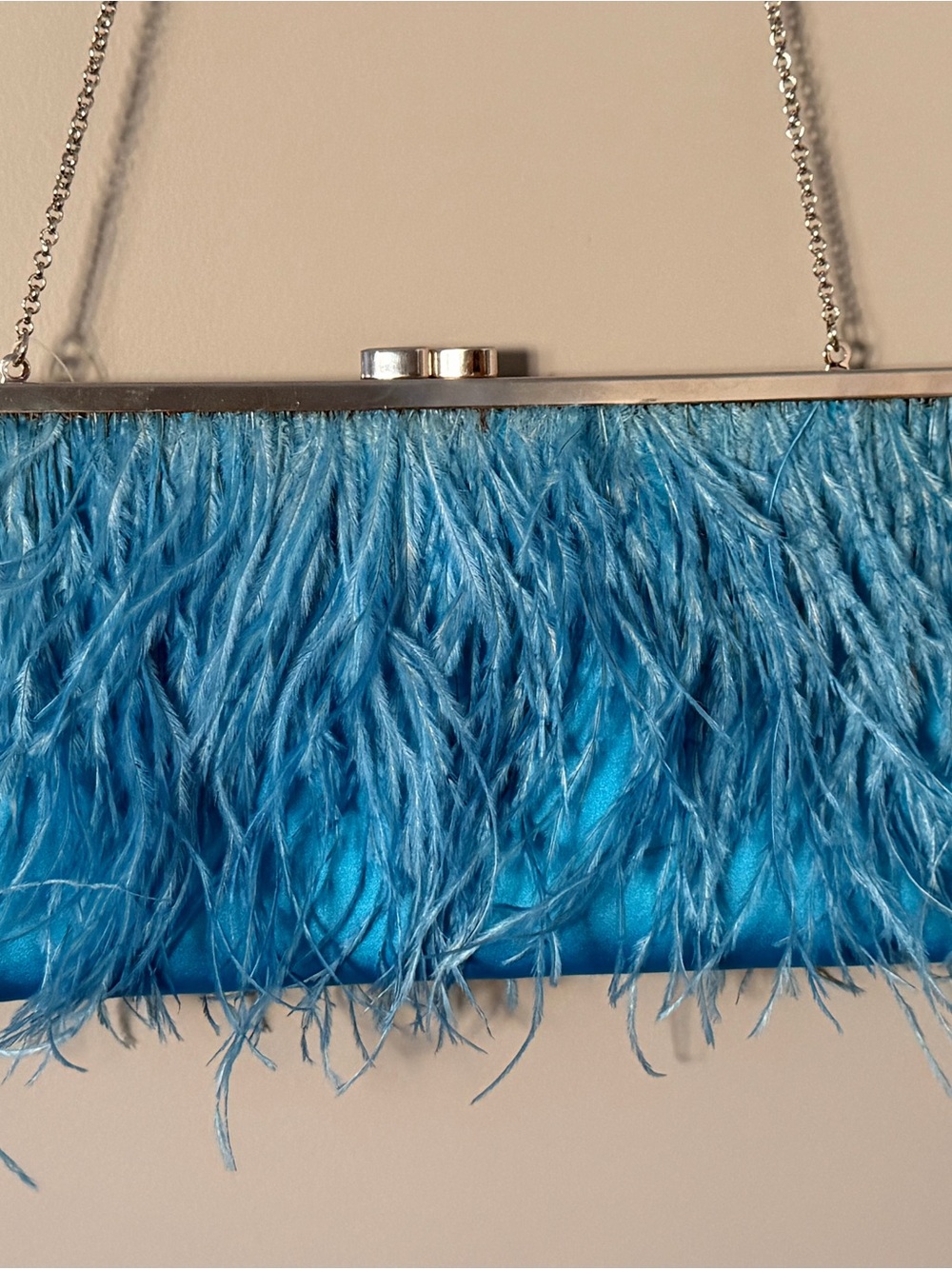 BCBGMaxAzria Turquoise Feather Evening Clutch with Silver Frame